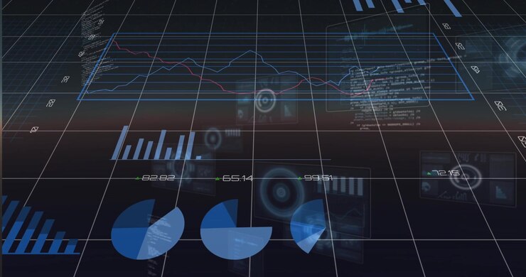 Sliding camera revealing blue 3D analytics plane showing data with doughnut, pies, bars, lines, HUD
