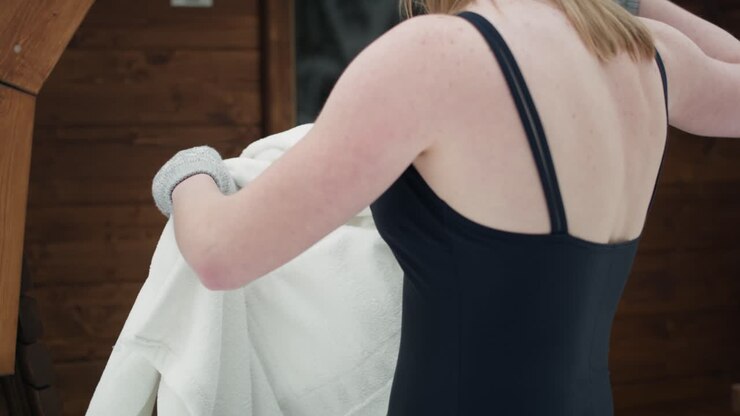 Caucasian woman walking into wooden barrel with frozen water