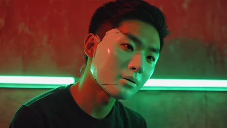 man with cyberpunk mask in neon lighting