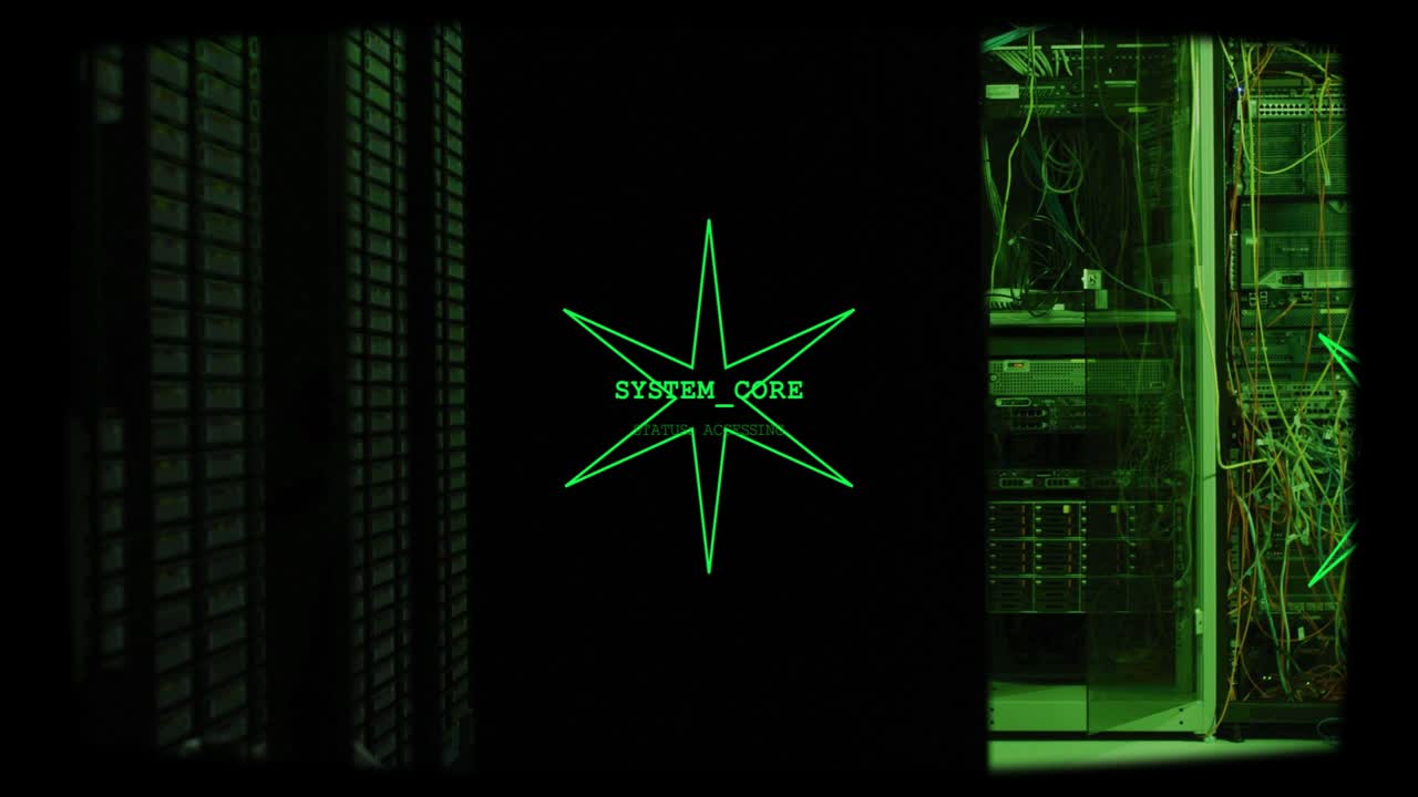 SYSTEM_CORE star activating, server racks scrolling code and right cabinet gaining green overlays