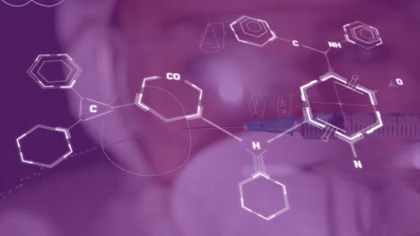 Animation-of-chemical-formulas-over-blurred-scientist-on-purple-background