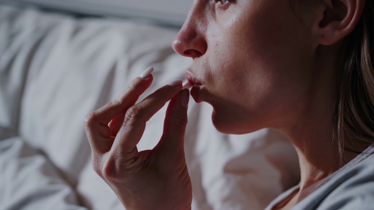 mujer tomando una píldora en la cama