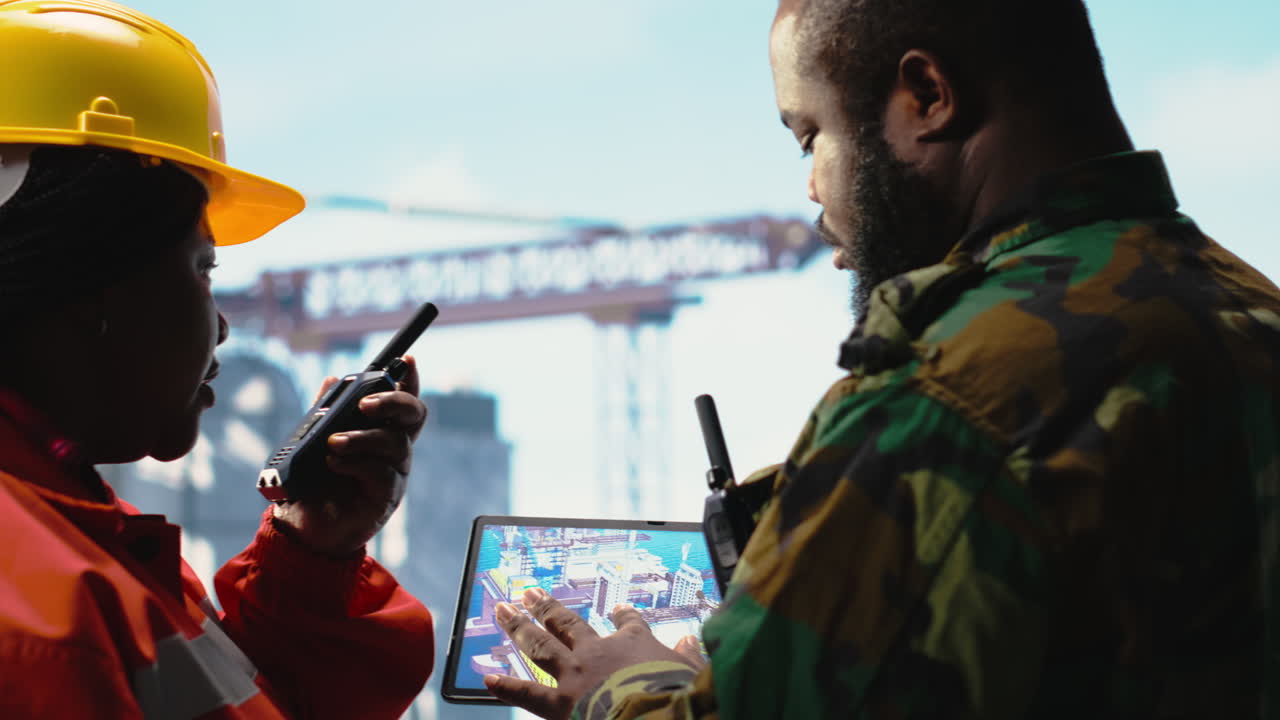 Vertical video Naval unit on drilling rig barge using tablet, safeguarding infrastructure