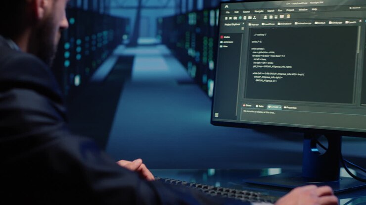 Database admin checking mainframe system on computer