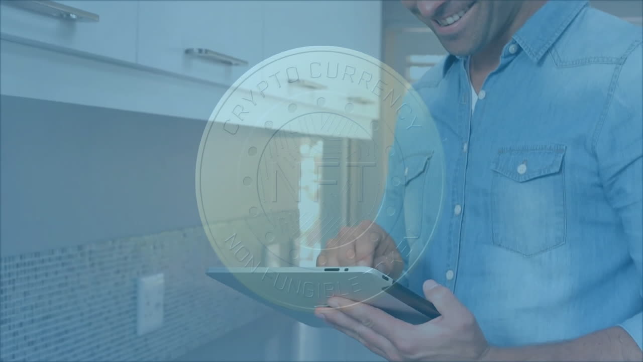 Smiling man using tablet with cryptocurrency NFT coin animation overlay