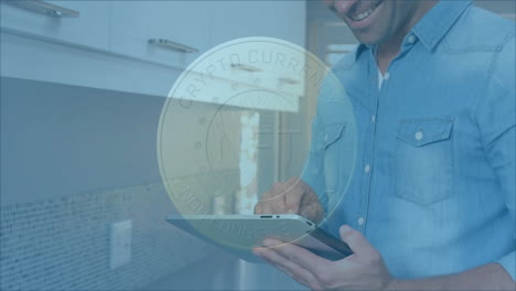 Smiling man using tablet with cryptocurrency NFT coin animation overlay