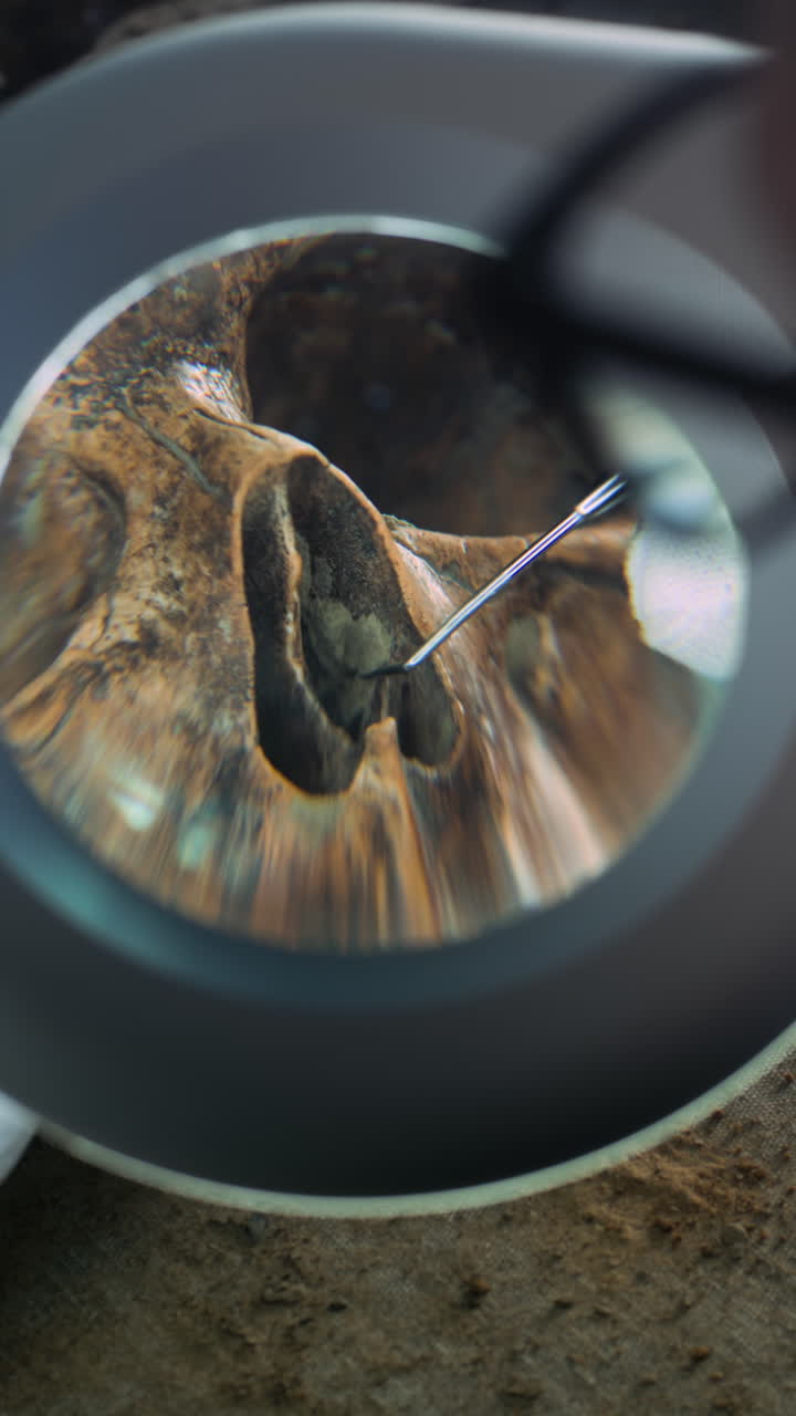 확대 유리를 사용하여 두개골의 근접 시각