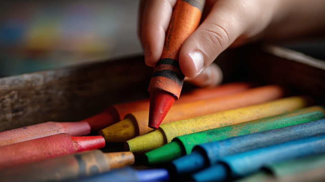 A Child's Hand Reaches for a Crayon Among a Vibrant Collection of Colorful Crayons in a Wooden Box, Capturing the Joy of Creativity and Artistic Exploration