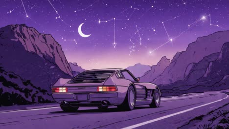 purple night drive with a vintage car under constellations