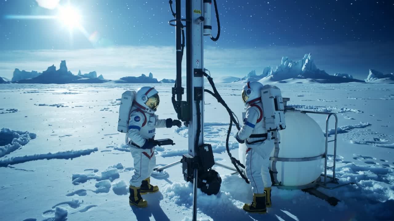 Due astronauti in tute a pressione che regolano un albero su una pianura ghiacciata, maneggiando tubi e un pannello.
