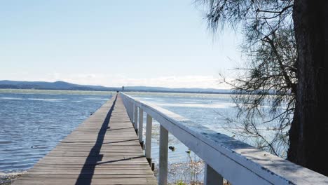 slow motion pan shot of boardwalk long jetty wharf handrail tuggerah lakes central coast tourism icon nsw australia hd