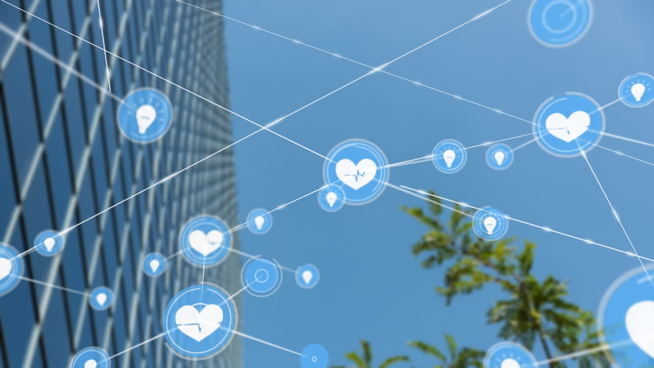 현대적인 사무실 건물 위의 아이콘과 연결 네트워크의 애니메이션