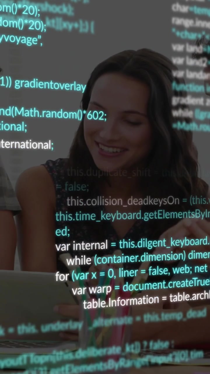Vertical video: Woman center typing when man pointing at code, team reviewing laptop with overlay