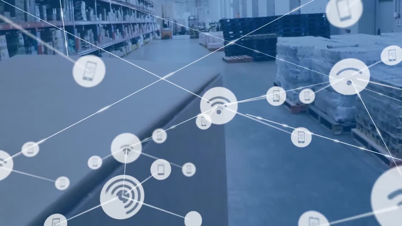 animación de la red de conexiones con iconos sobre el hombre que trabaja en el almacén