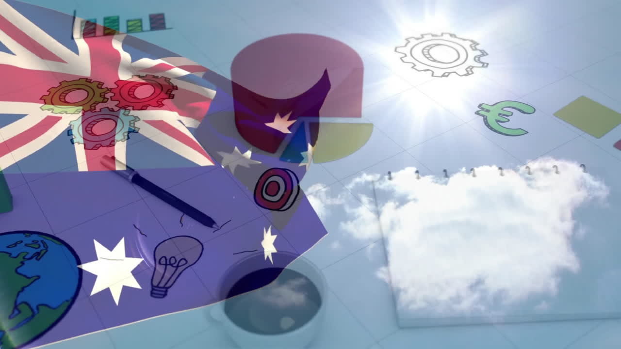 Gears and cloud reflections on Australian flag symbolizing innovation and progress