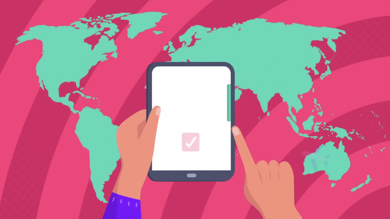 animación del mapa del mundo sobre las manos usando una tableta