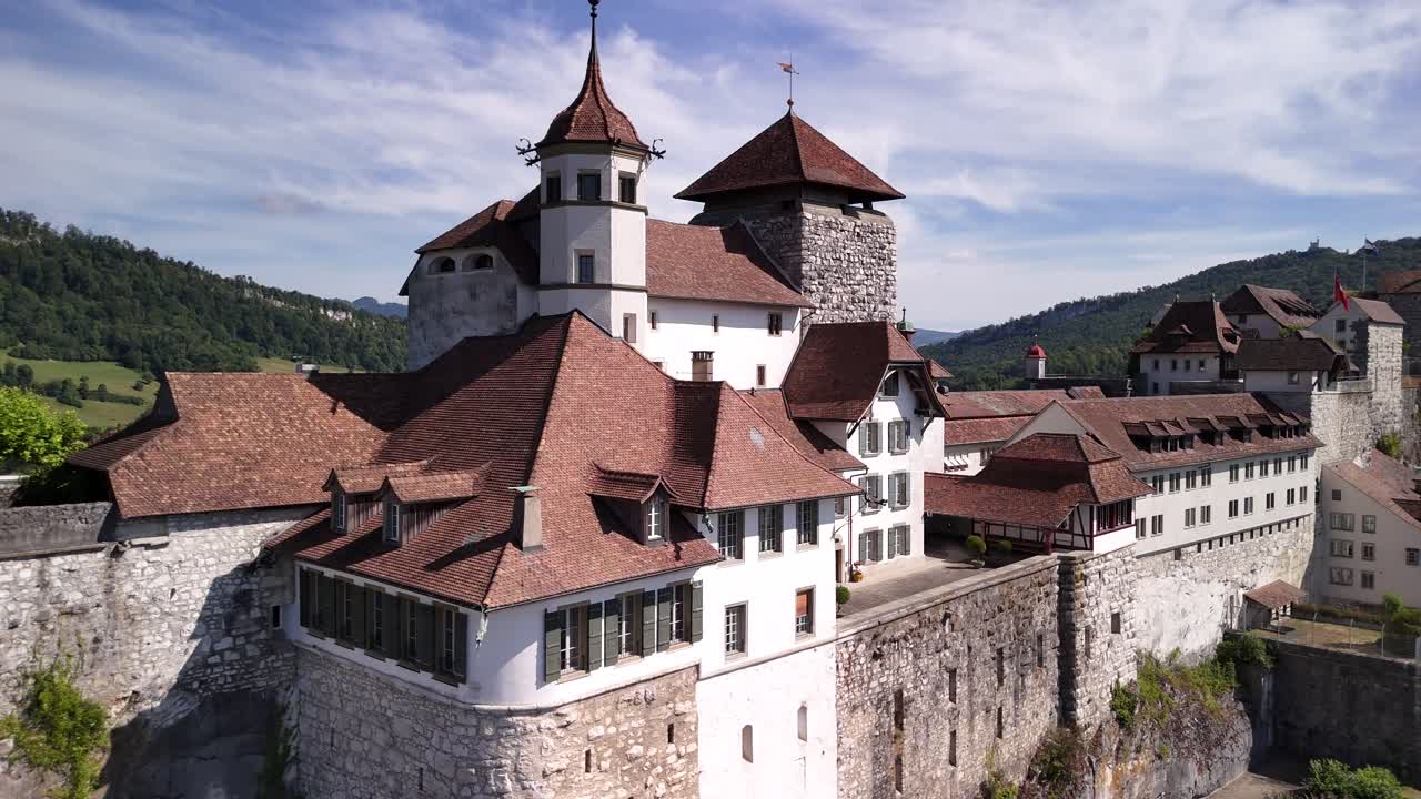 Aarburg reformed church landmark religions building on rocky hilltop Switzerland aerial drone