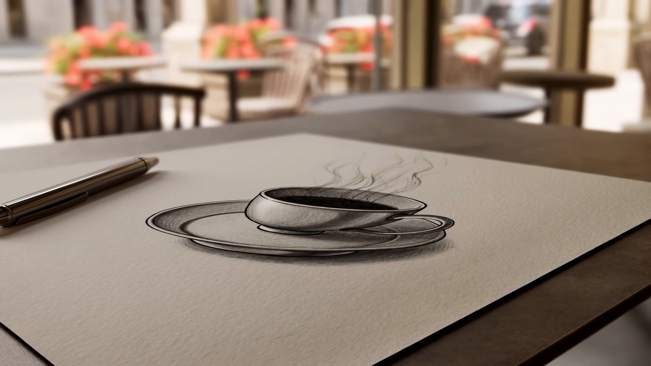 Ilustração detalhada de bebida em preto e branco permanece centralizada enquanto um movimento suave revela pires sombreado, linhas de vapor ascendente, textura de papel, caneta próxima e interior de café acolhedor em foco suave.