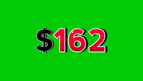 Animation number $162 dollar sign motion graphics with smoke effect green screen background vibrant red numbers. Video 3D effect with shadows for video elements business concept