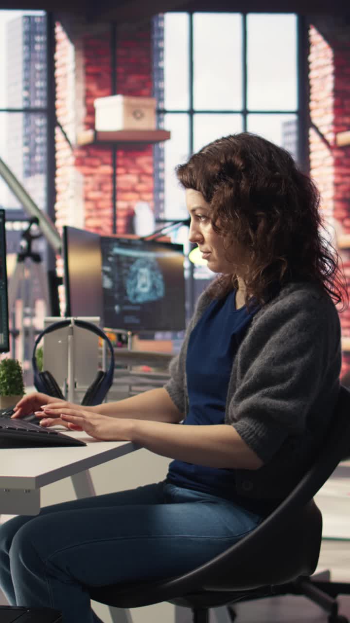 Vertical Video Filmmaker working on media post production from agency office