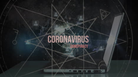 animación del texto de la conspiración del coronavirus en una computadora portátil