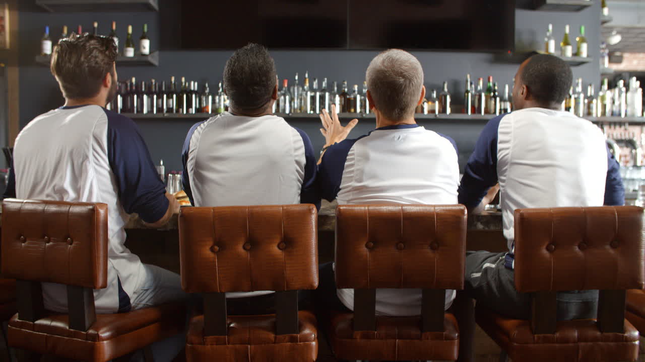 vista trasera de amigos masculinos viendo el juego en el bar deportivo
