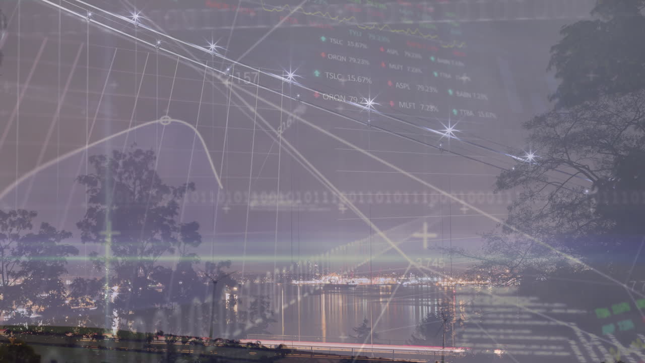 그래프의 애니메이션, 거래 보드, 바이너리 코드, 컴퓨터 언어 나무와 호수와 도시에 대한