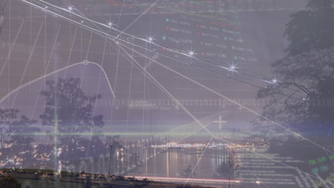 animación de gráficos, tablero de comercio, códigos binarios, lenguaje de computadora sobre árboles y lago contra la ciudad