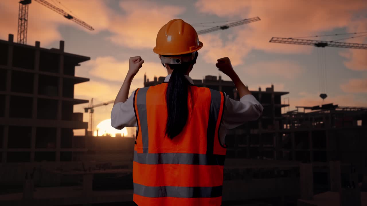 Back View Of A Female Engineer With Safety Helmet Raising Her Hands Celebrating While Working At Construction Site in Progress to New House
