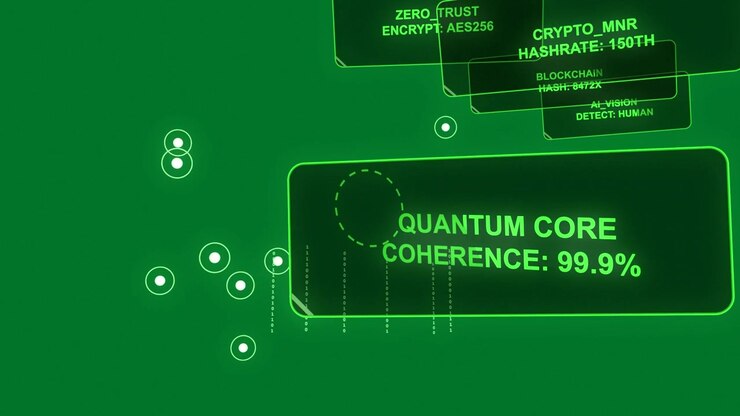 HUD nodes, panels moving on pulse, emitting bits, tagging, showing status on transparent background