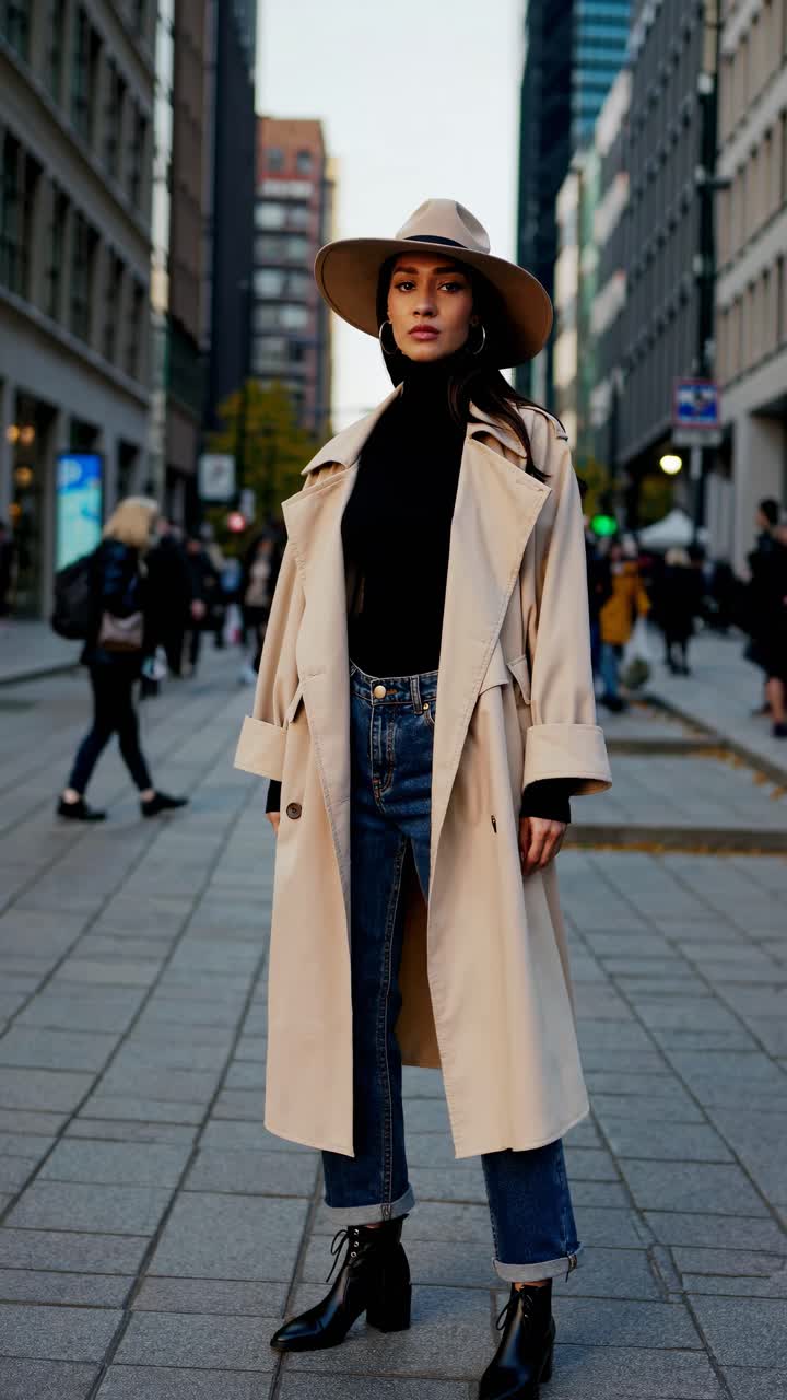 Stylish woman in a trench coat and hat stands confidently on a city street