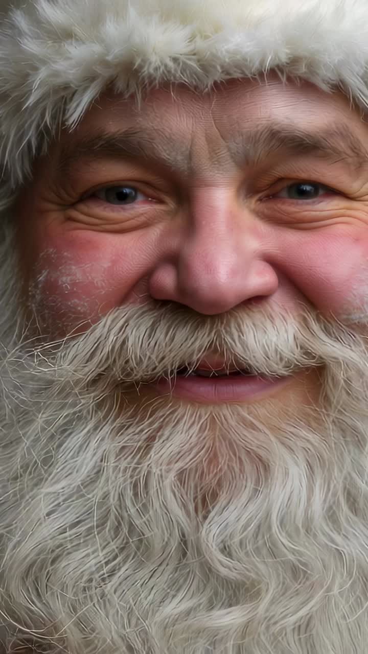 Vertical video: Smiling Santa man talking in studio with camera rolling, fluffy hat and white beard