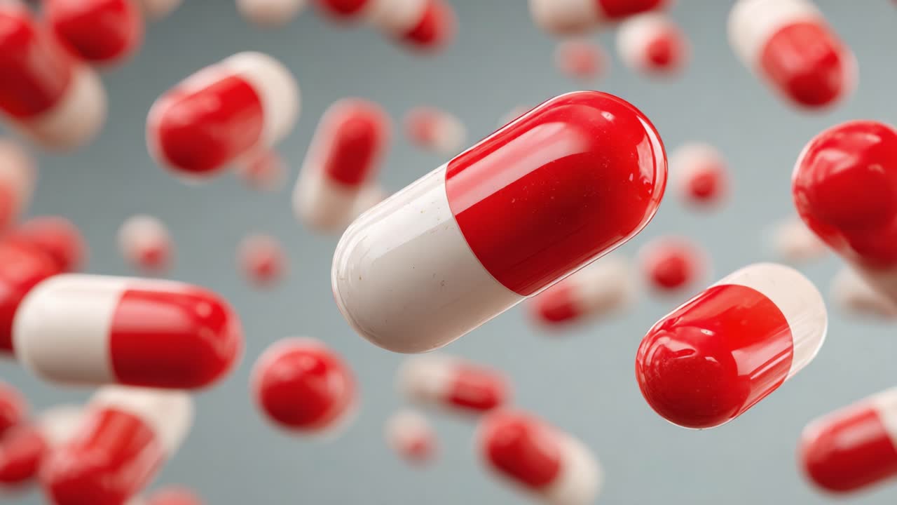 A Stunning Representation of Floating Red and White Capsules Captured in Motion, Showcasing the Dynamic Nature of Pharmaceuticals and Their Impact on Health and Wellness