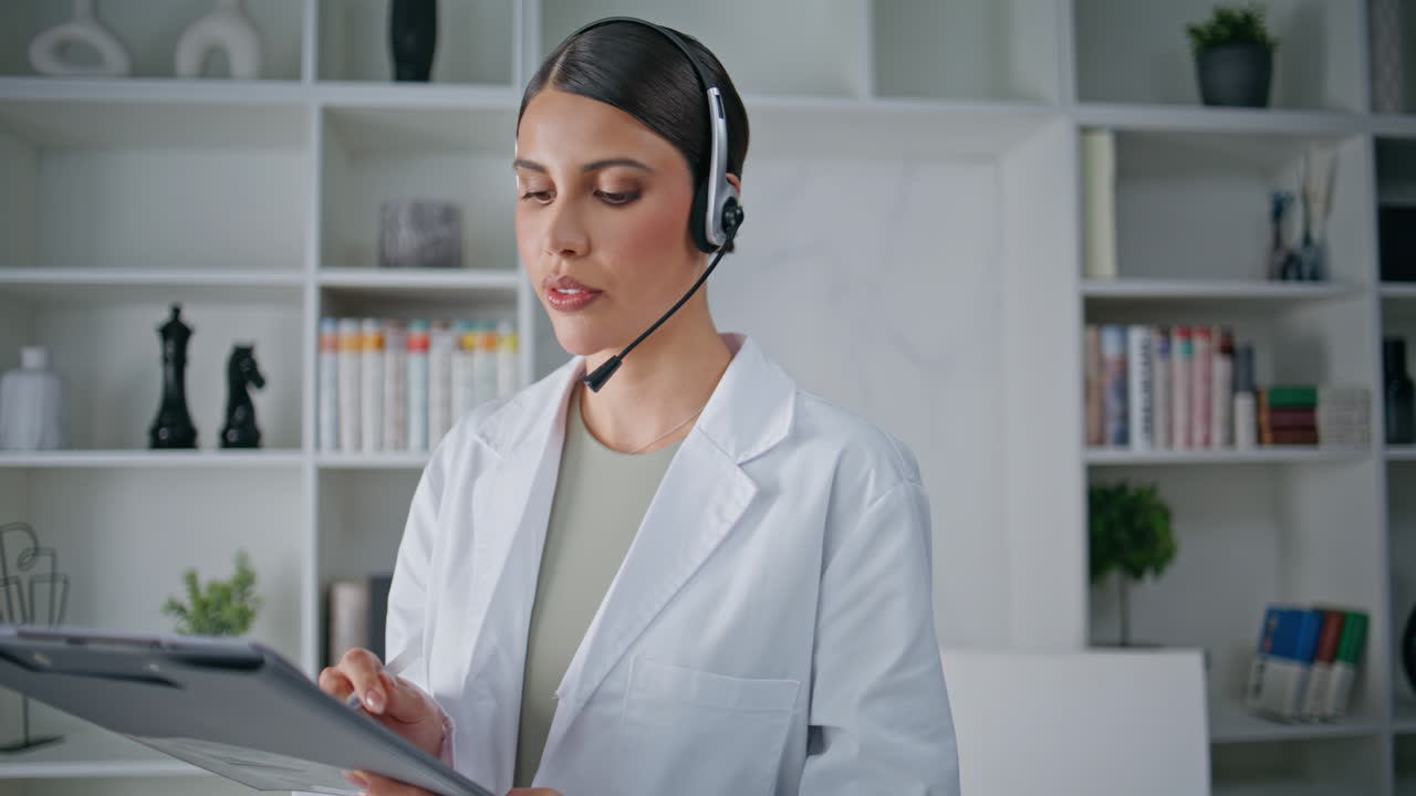 Medical specialist talking helpline wearing headset in healthcare clinic closeup