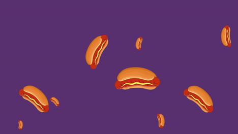 Animación-De-Iconos-De-Hot-Dogs-Que-Caen-Sobre-Fondo-Morado