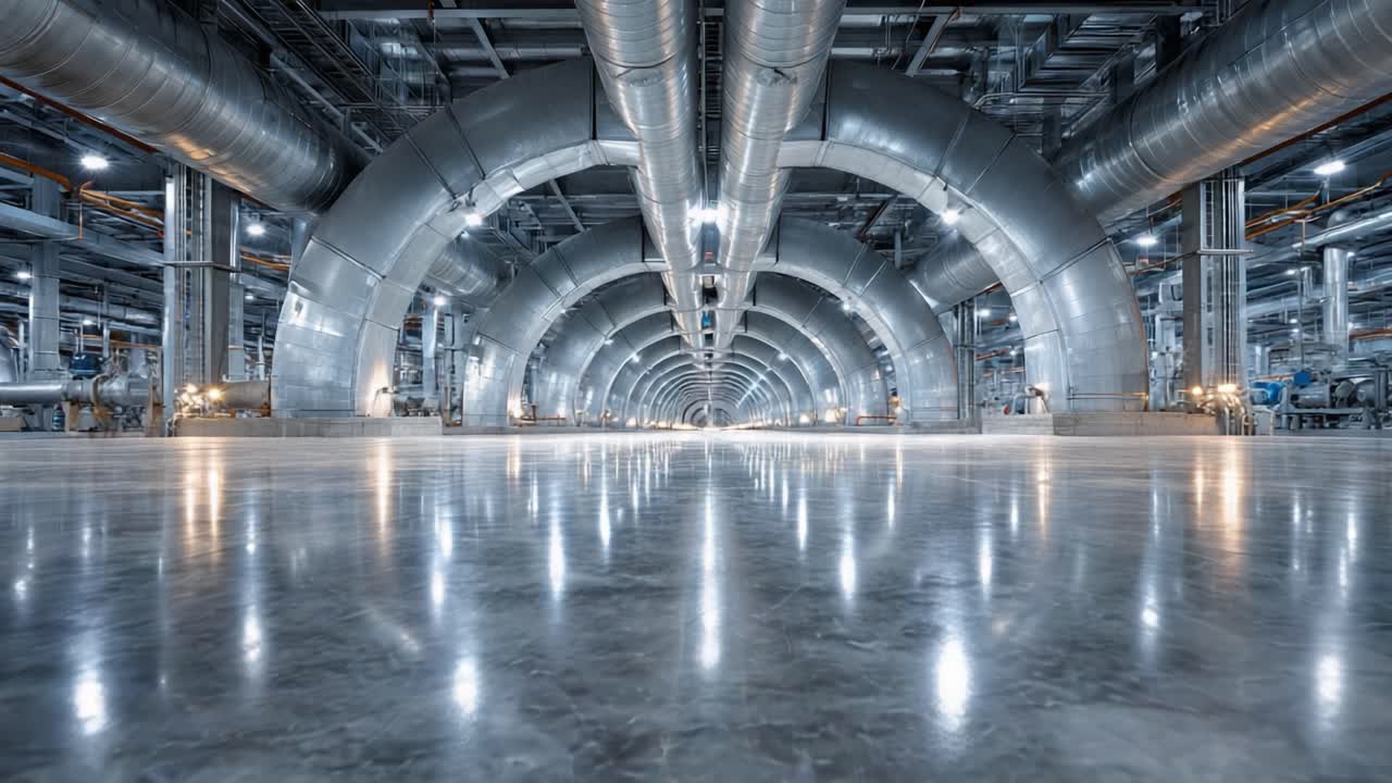 Tampilan Interior Fasilitas Industri Besar yang Menampilkan Jaringan Pipa Luas dan Lantai Beton Reflektif, Menampilkan Rekayasa dan Desain Modern