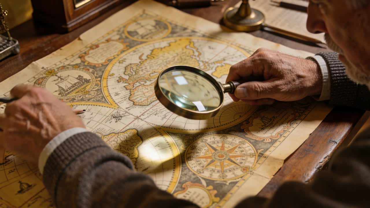 Holding lens senior in sweater examining antique map at desk lens glare causing marking, copy space