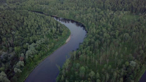 The-curve-of-river-Gauja-between-woods---AERIAL-TILT-UP-shot