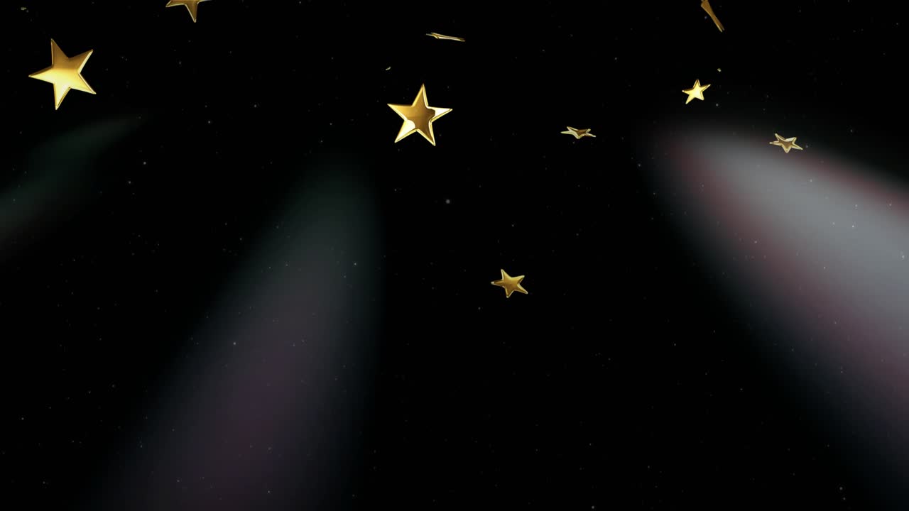 Colored lights rising, sparking gold stars falling, clustering then dispersing highlighting descent