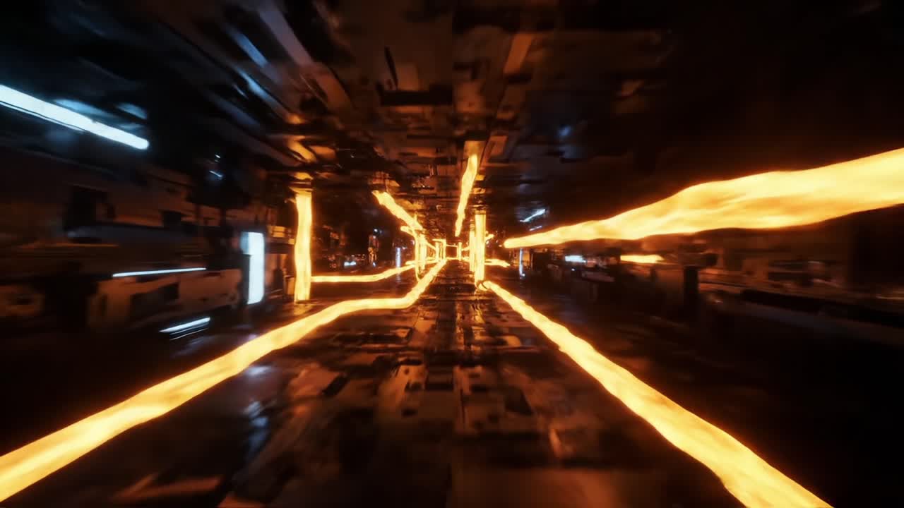 A Journey Through an Electrifying Corridor: A Visual Exploration of Dynamic Flowing Lights and Energetic Textures in a Futuristic Environment