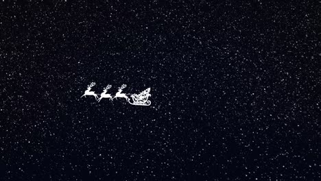 Snow-falling-over-silhouette-of-santa-claus-in-sleigh-being-pulled-by-reindeers-on-black-background