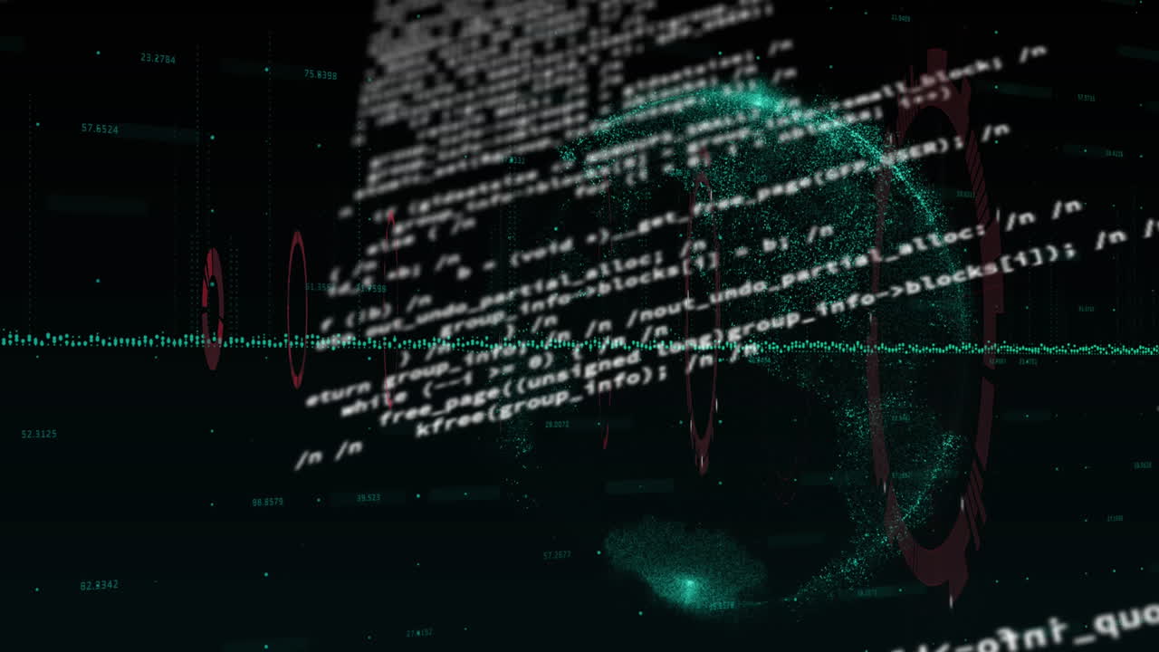 animación del escáner redondo girando sobre el procesamiento de datos y el globo contra un fondo negro