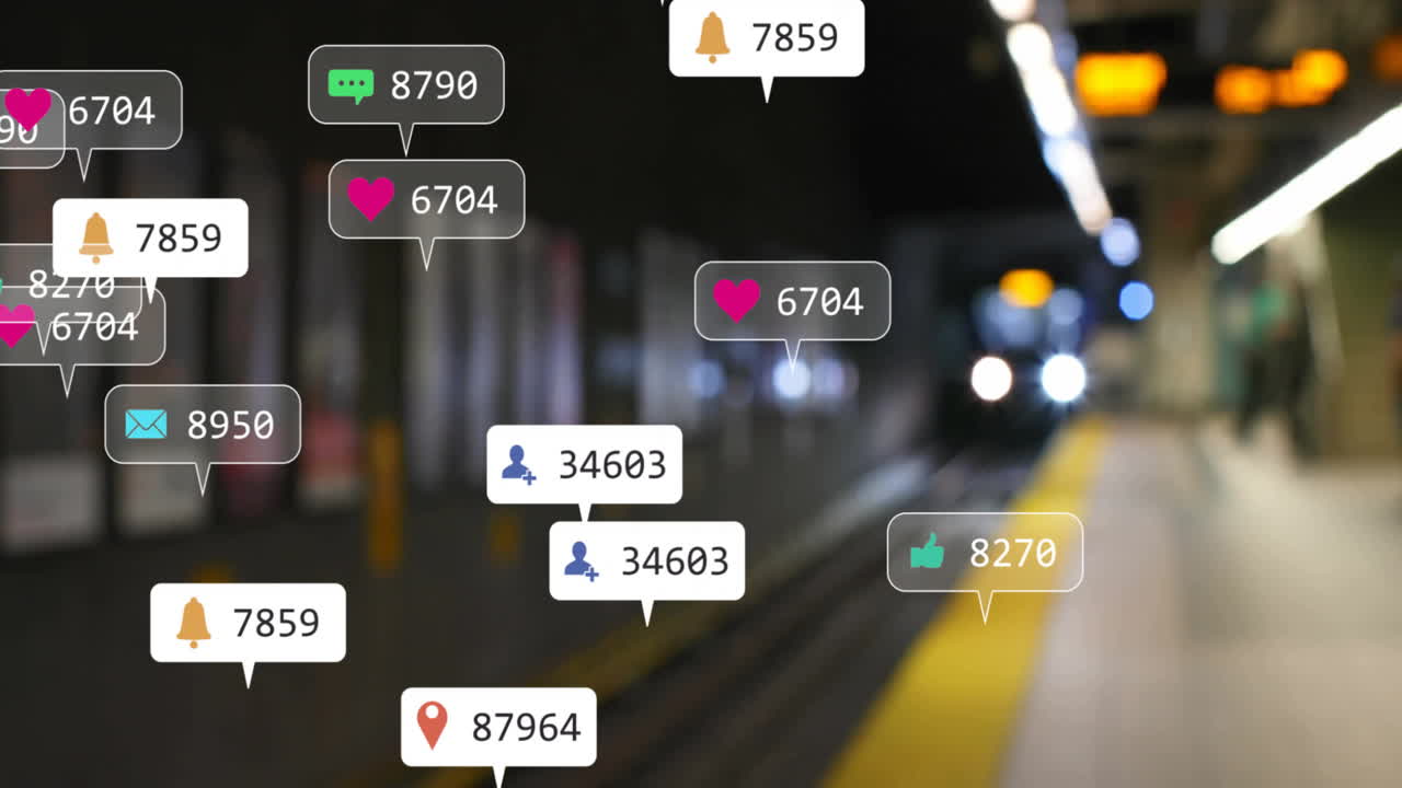Animation of social media icons with growing numbers over train station