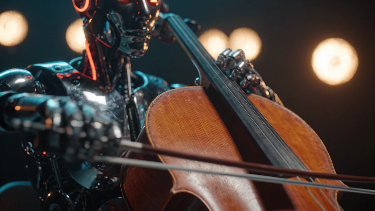 Un artista robotico mostra il suo talento musicale suonando un violoncello, caratterizzato da meccanismi complessi e una presenza imponente in un'ambientazione da concerto illuminata