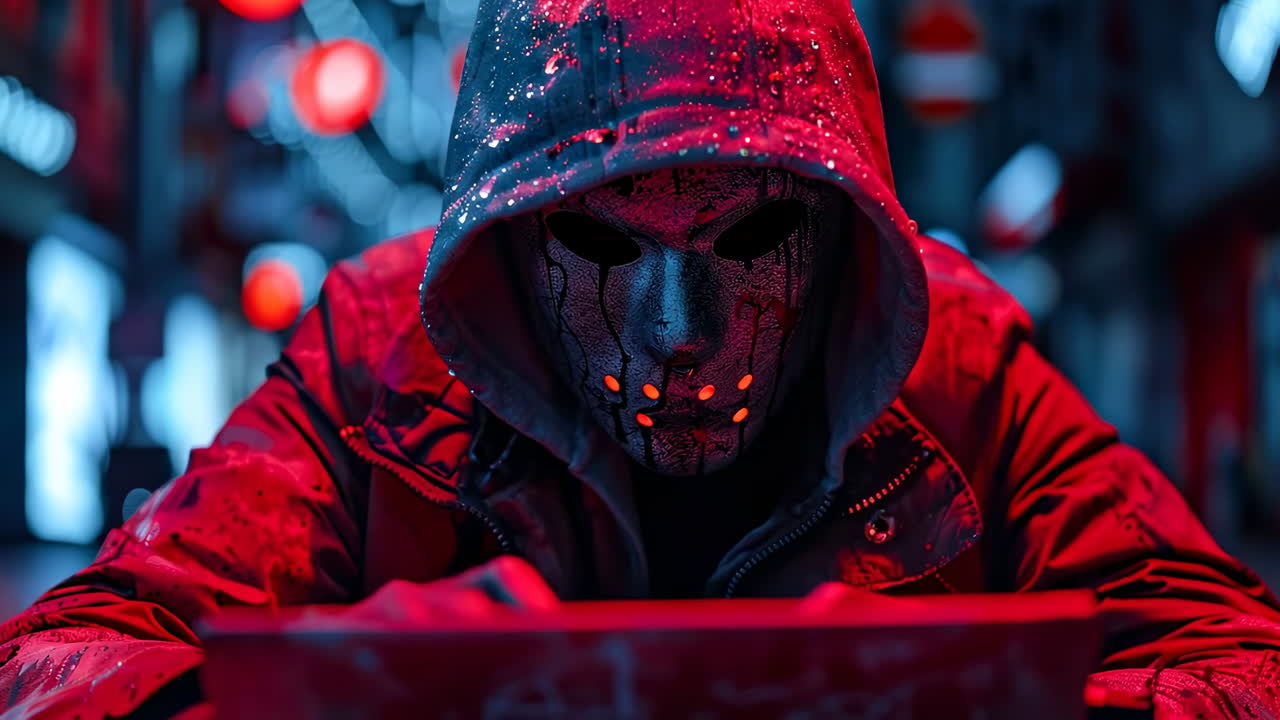 Red-lit figure in the city. A hooded figure with a masked face sits in a dark space, illuminated by red lights, creating a tense atmosphere