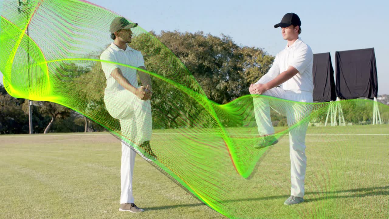 Video verticale: Uomini che iniziano l'allenamento con un'onda verde che si muove su di loro, uno che fa un passo e l'altro che si tiene il ginocchio