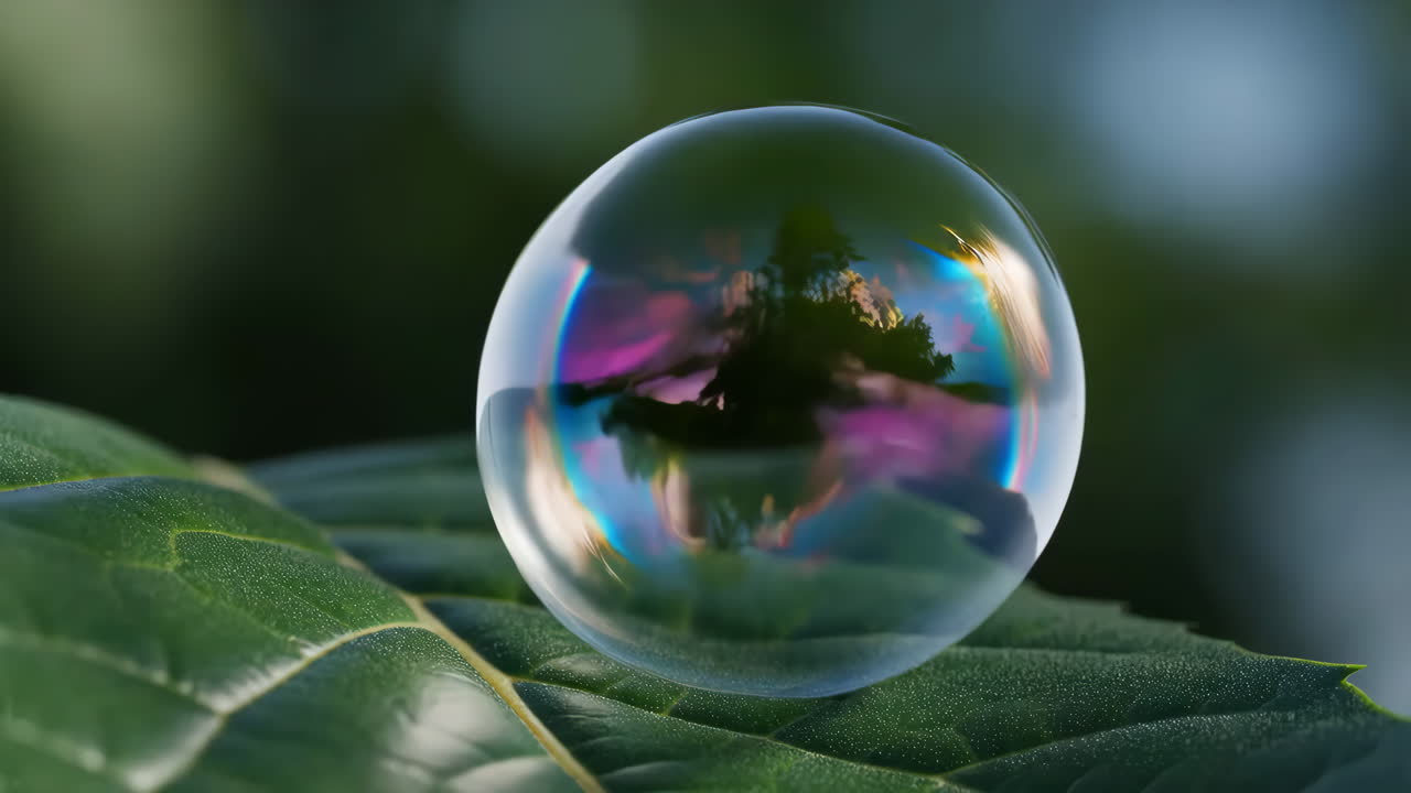Iridescent soap bubble resting on a green leaf