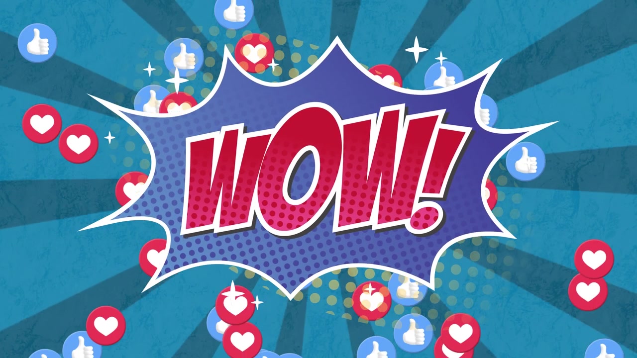 ภาพเคลื่อนไหวของข้อความ "Wow" เหนือไอคอนสื่อ