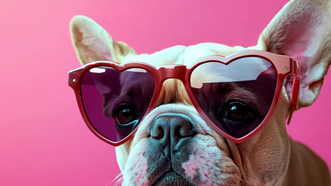 A dog wearing pink sunglasses with heart shaped lenses. The dog is looking at the camera. The image has a playful and cute mood