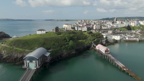 An-aerial-view-of-the-of-the-Welsh-harbour-town-of-Tenby-in-Pembrokeshire,-South-Wales,-on-a-sunny-summer-morning